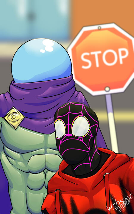 A selfie: Web-Spur wearing their classic black mask with purple webbing over their head, reflective lenses are wide in a cheerful expression. They have a red hoodie with a painted spider symbol on it. Mysterio stands stiffly behind them, wearing a purple c