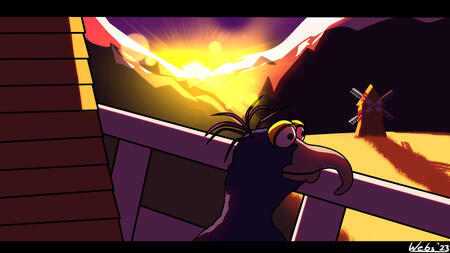 Gonzo standing on a windmill, watching the sun set behind a mountain range. A second windmill sits in a field miles away from Gonzo, illuminated by sunlight and casting a shadow over the field.